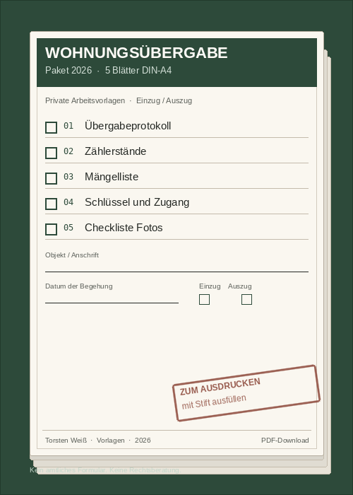 Cover: Wohnungsübergabe-Paket 2026, fünf A4-Vorlagen zum Ausdrucken, Anbieter Torsten Weiß